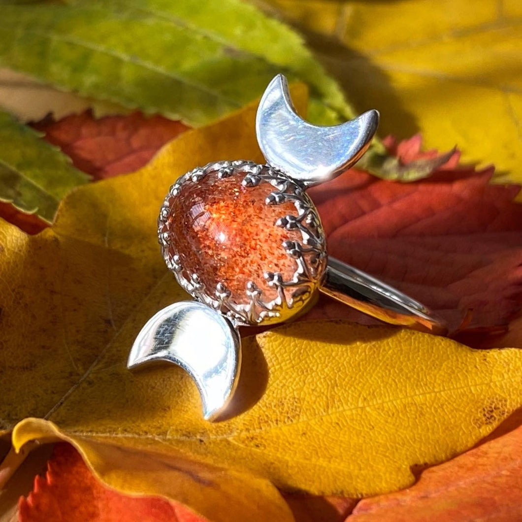 Half Moon Sunstone Silver Ring