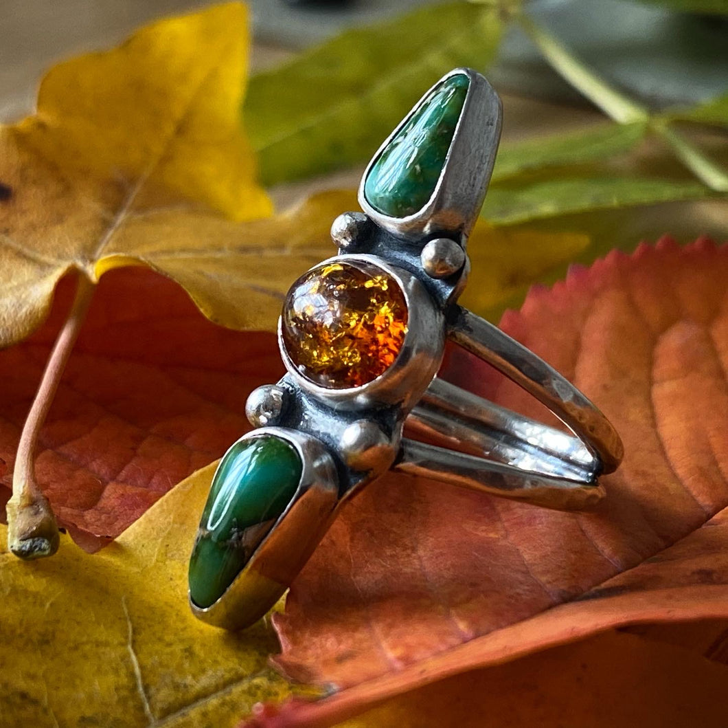 Honey Amber and Turquoise Sterling Silver Ring