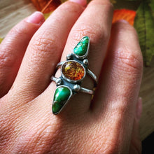 Load image into Gallery viewer, Honey Amber and Turquoise Sterling Silver Ring
